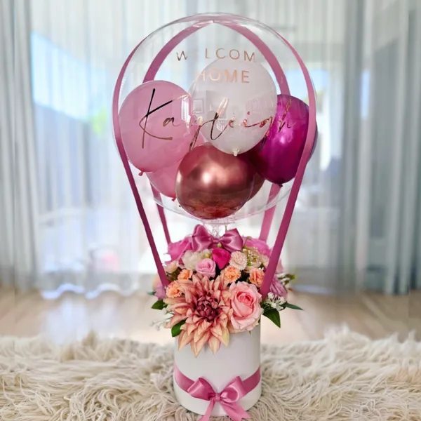 Welcome Home Balloon Flower Hamper – Personalized Pink Hot Air Balloon Gift with Silk Flowers