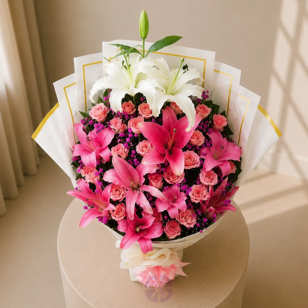 Elegant Pink & White Lily Stand Bouquet with Soft Pink Rose Accents