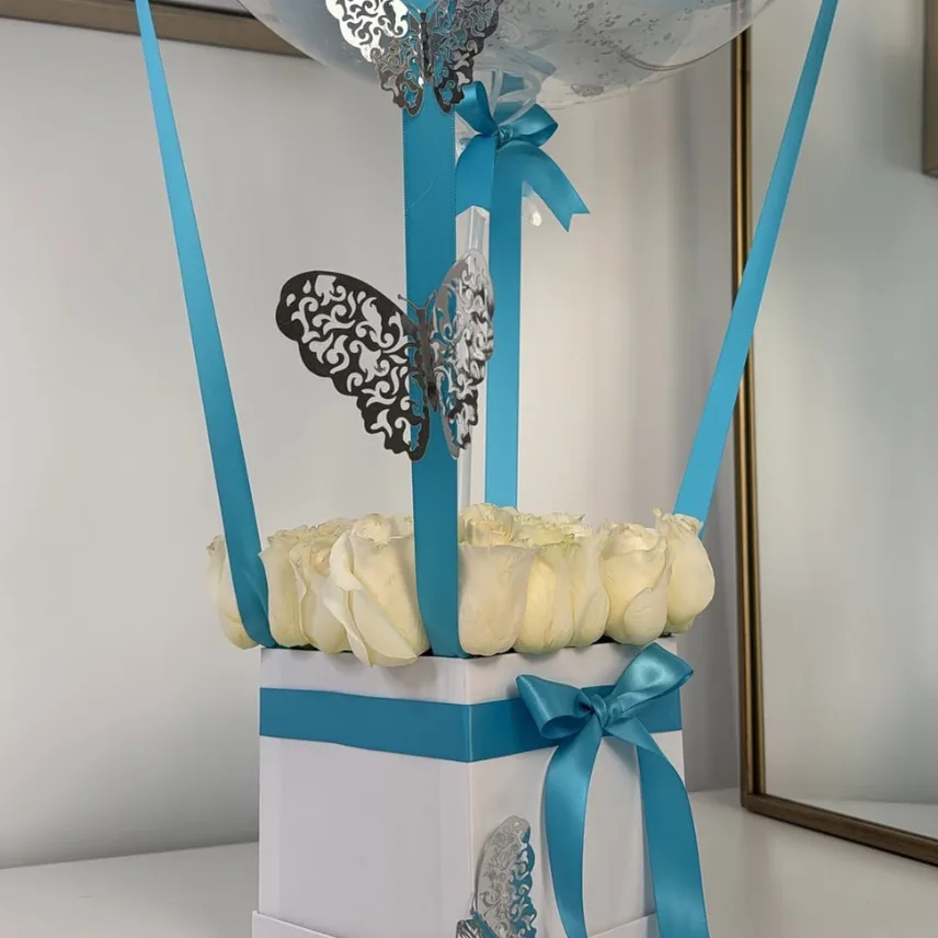 Elegant Birthday Balloon Gift Box with White Roses