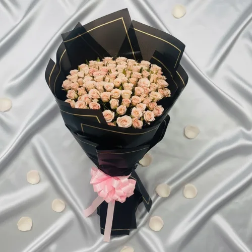 100 Shade Pink Rose Round Bouquet with Black Wrap