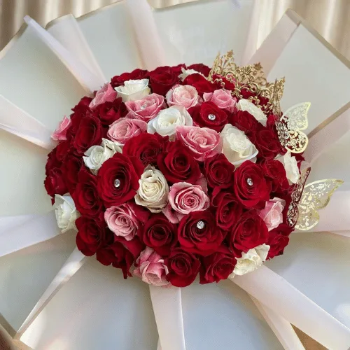 White & Pink Rose Bouquet with Crown & Butterfly
