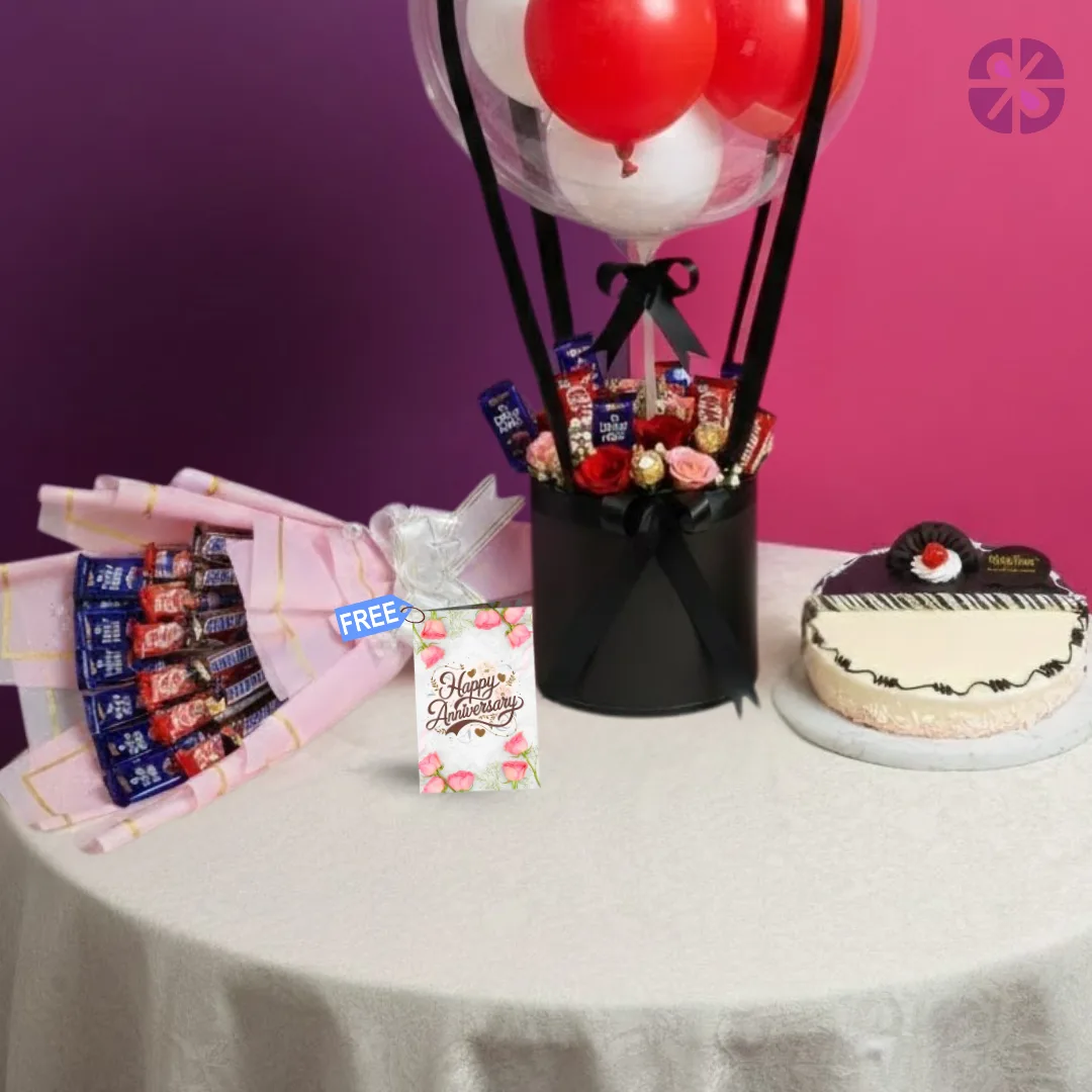 Anniversary Grandeur: Ultimate Chocolate & Balloon Bouquet with Cake Combo Set