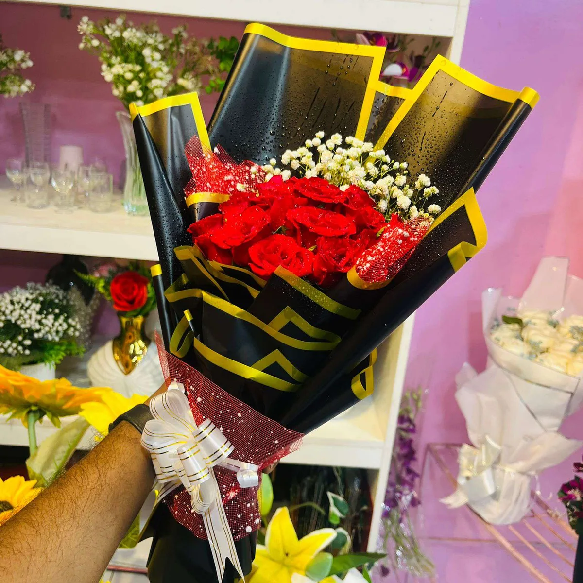 The Passionate Knight Red Roses in Black & Gold Wrap