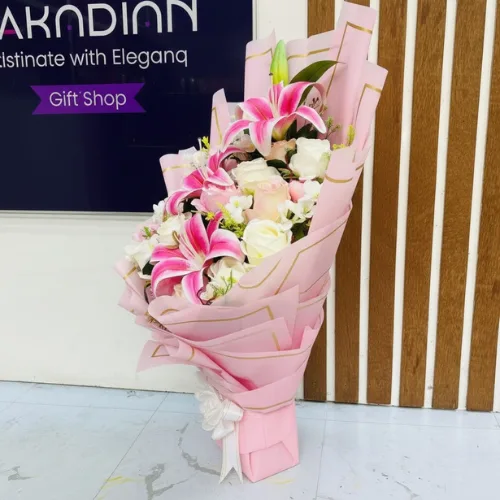 The Everlasting Grace Artificial Pink Lily & White Rose Bouquet