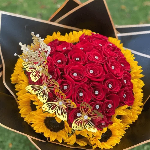 Heart-Shaped Red Rose & Yellow Sunflower-Style Bouquet with Crown & Butterflies