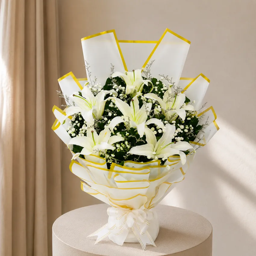 Purest Affection White Lily and Baby's Breath Standing Bouquet