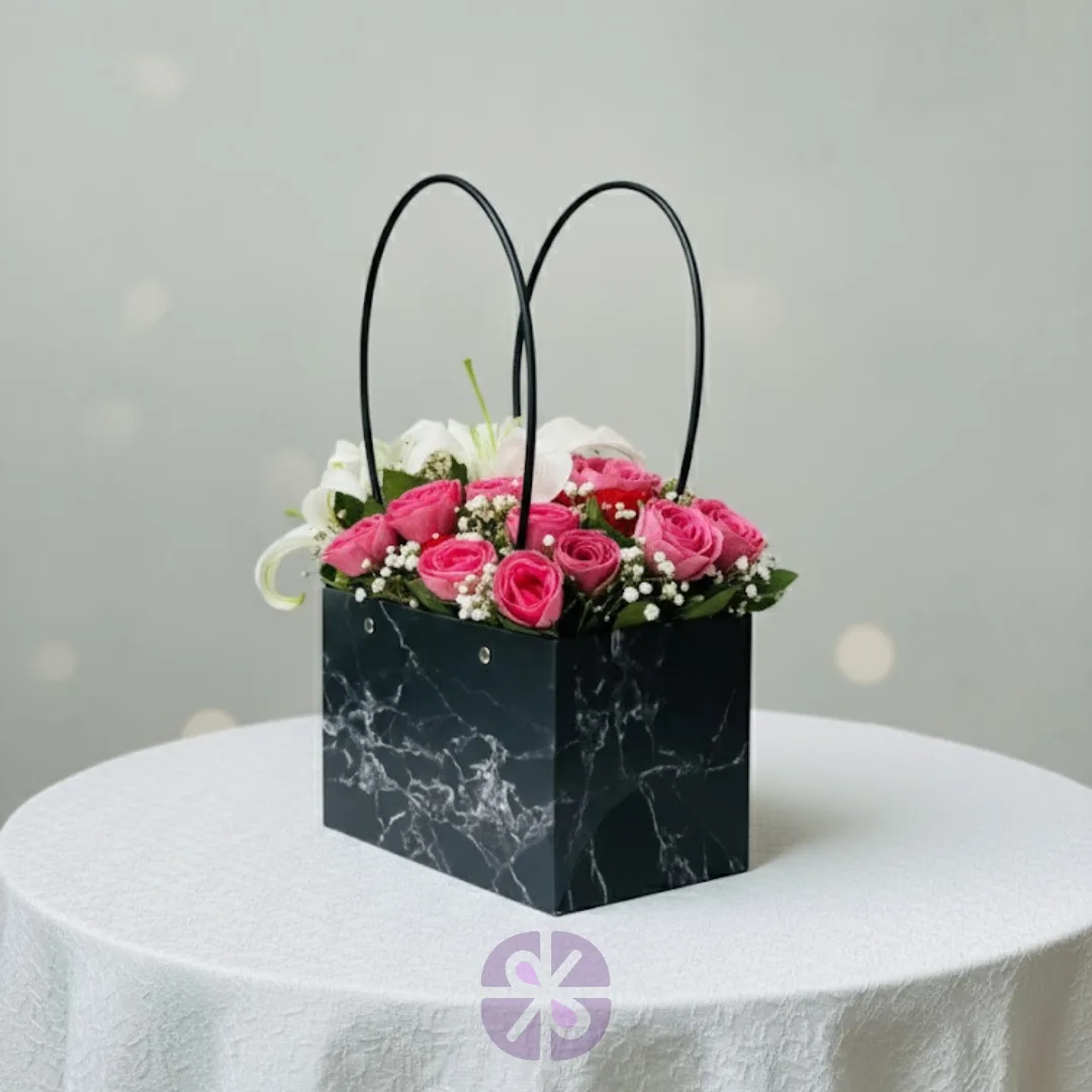 Padma Flower & White Lily with Modern Marble Black Bag