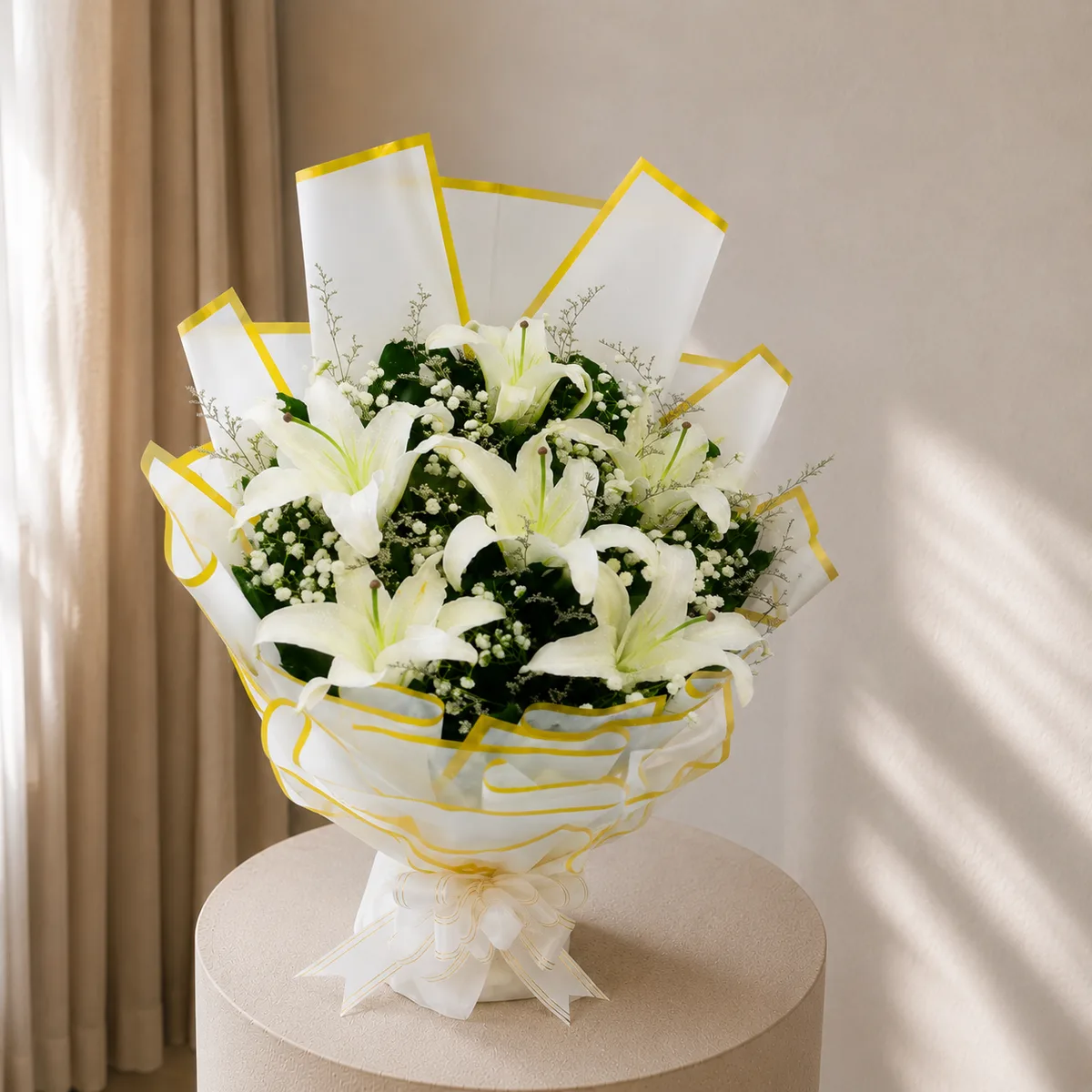Purest Affection White Lily and Baby's Breath Standing Bouquet