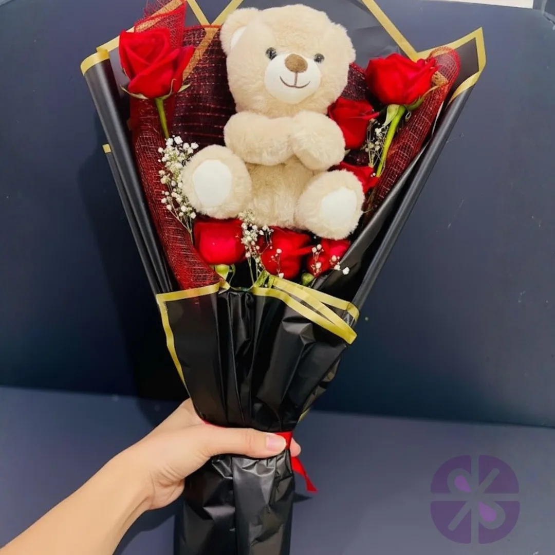 Small Teddy Bear and Red Rose Hand Bouquet