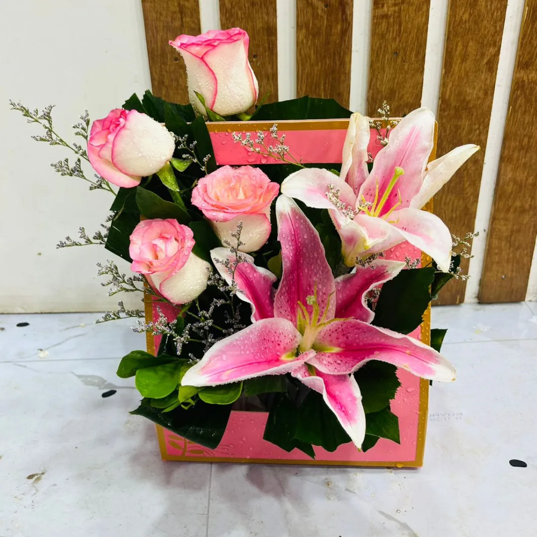 Pink Fantasy Chinese Lily and Pink Shade Roses Box Arrangement