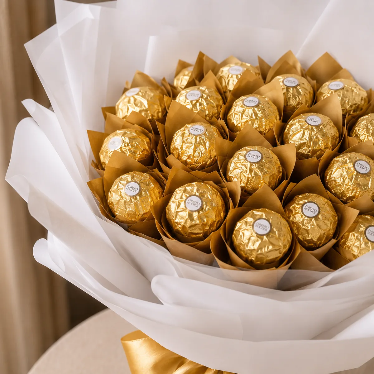 Elegant Ferrero Rocher Chocolate & White-Wrapped Treat Bouquet