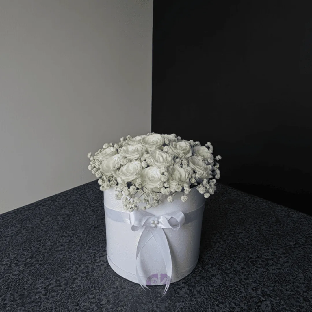 Purity Fresh White Premium Rose Round Box Arrangement