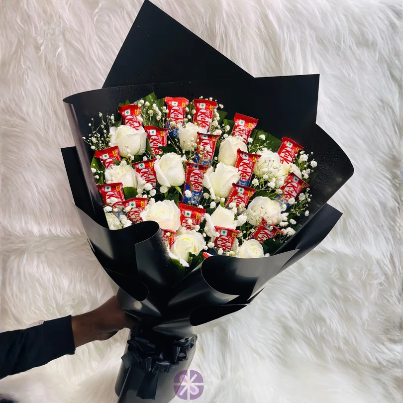 20 KitKat and White Rose Hand Bouquet in Black Wrap