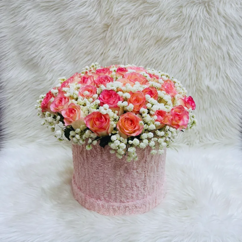 50 Pink Rose & Gypsy Arrangement in Cotton Velvet Luxury Round Box