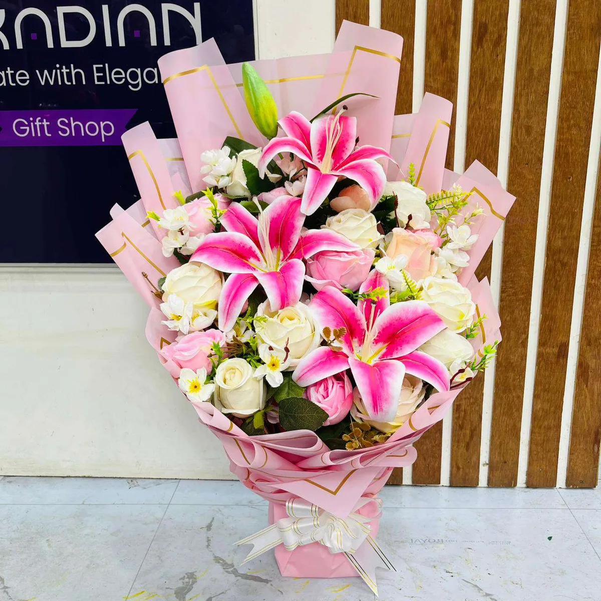 The Everlasting Grace Artificial Pink Lily & White Rose Bouquet