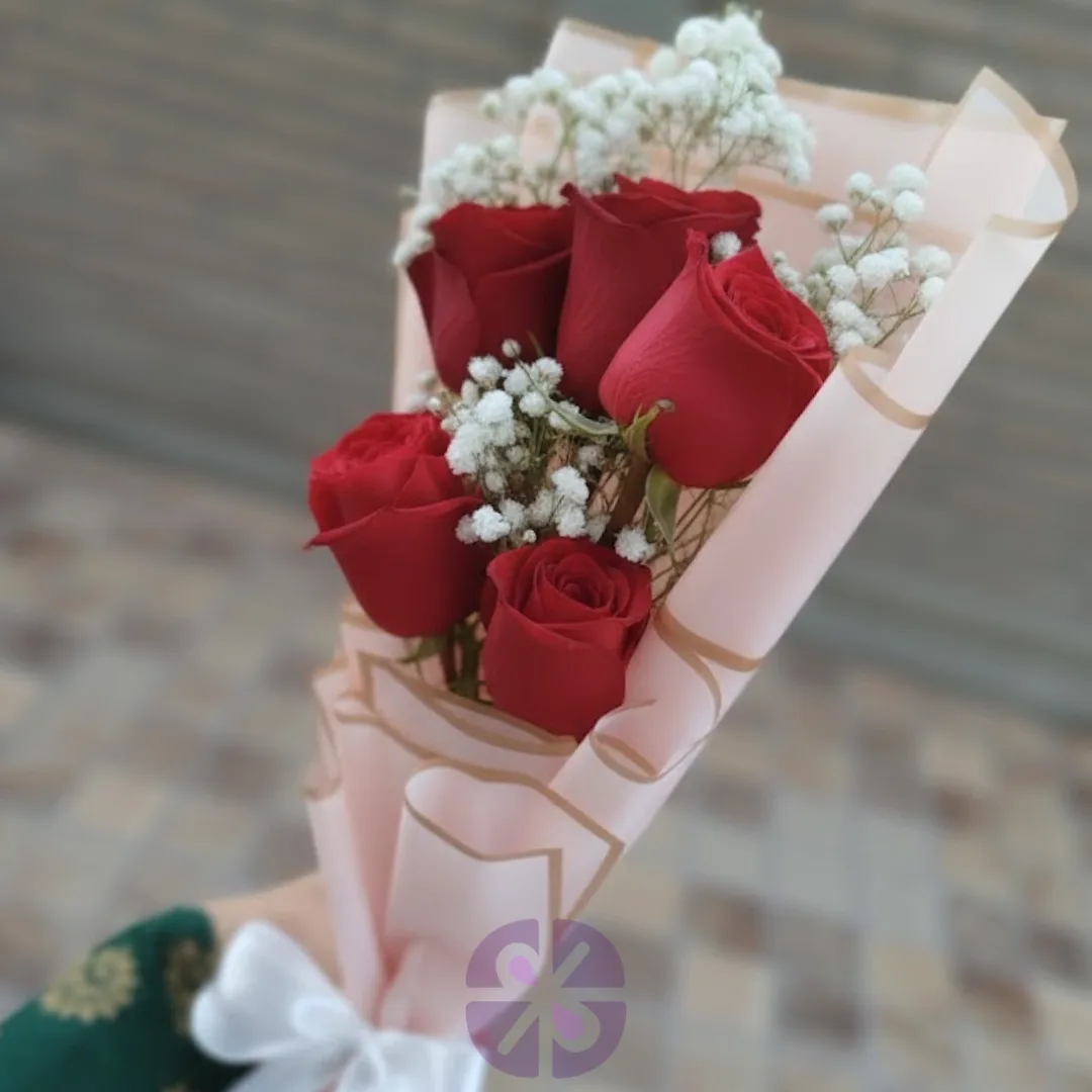 Five Chinese Red Rose Mini Bouquet in Baby Pink Wrap