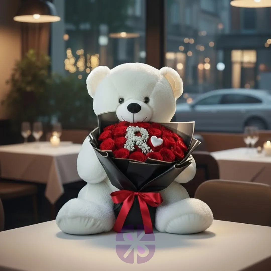Large White Teddy with Premium Red Rose Bouquet