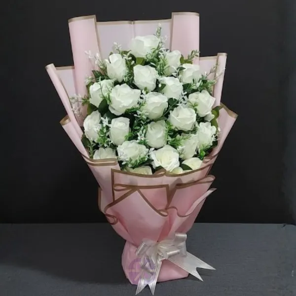 Sweet Serenity Artificial White Rose Stand Bouquet in Pink Wrap