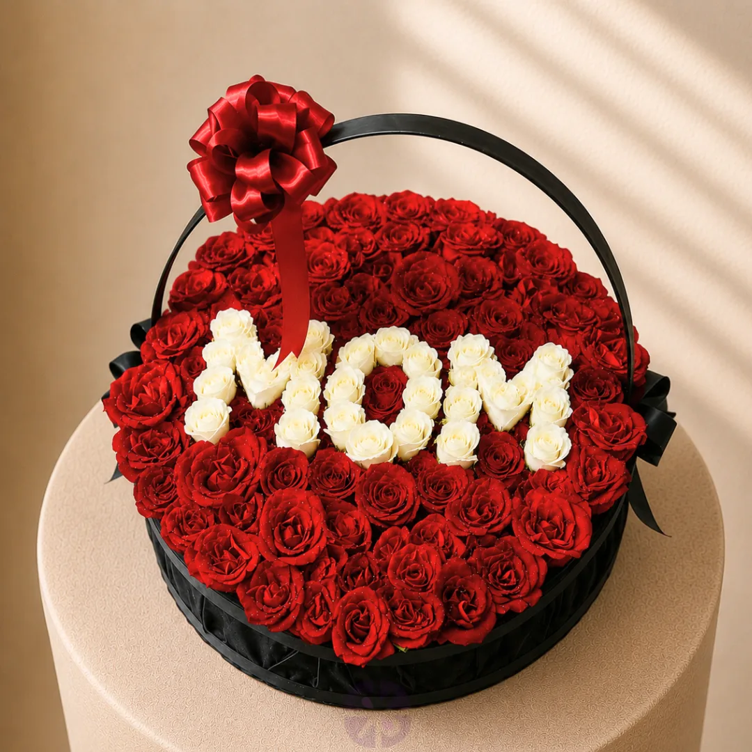 Grand 100-Rose Personalized "MOM" Premium Gift Basket with Red & White Roses