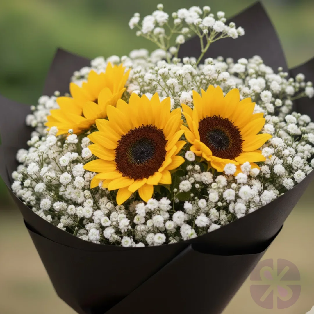 The Sunny Embrace Sunflower Trio & Baby's Breath Bouquet