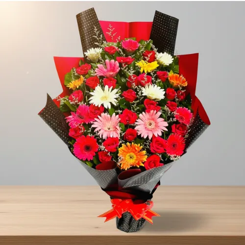 Multi-Color Gerbera and Red Rose Celebration Bouquet