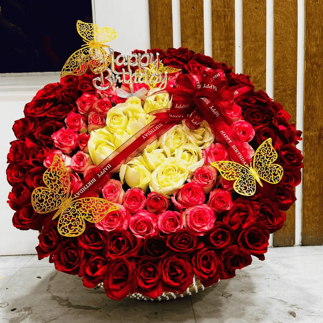 Premium Red, Shade Pink & White Rose Round Basket