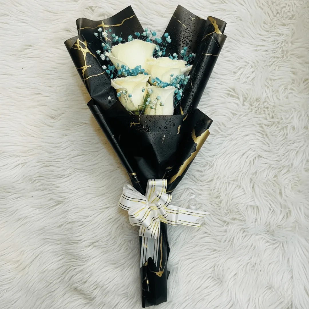 A Pure Love White Roses in Black & Gold Wrap Bouquet