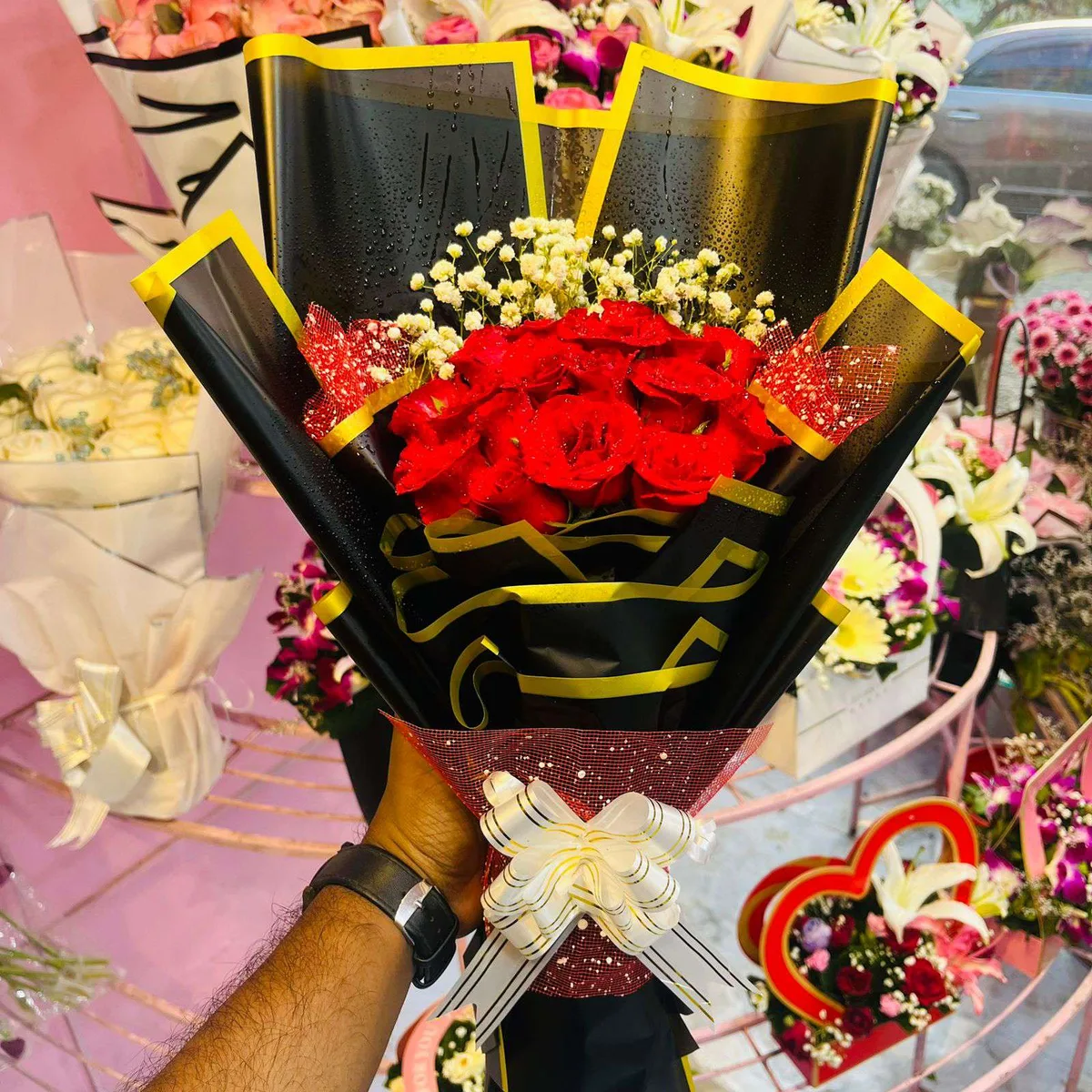 The Passionate Knight Red Roses in Black & Gold Wrap