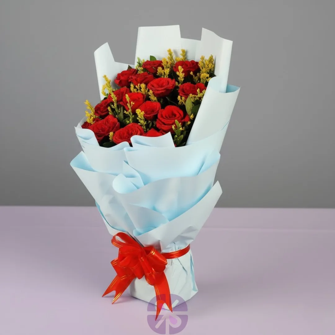 Majestic Red Roses & Golden Accents Stand Bouquet (Sky Blue Wrap)