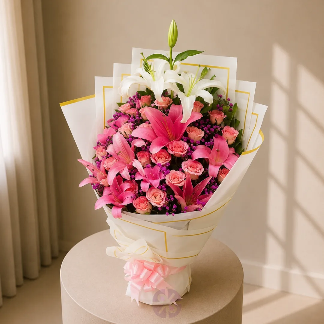 Elegant Pink & White Lily Stand Bouquet with Soft Pink Rose Accents