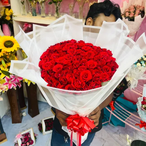Premium 100 Fresh Red Roses Bouquet with Elegant White Wrapping & Red Ribbon