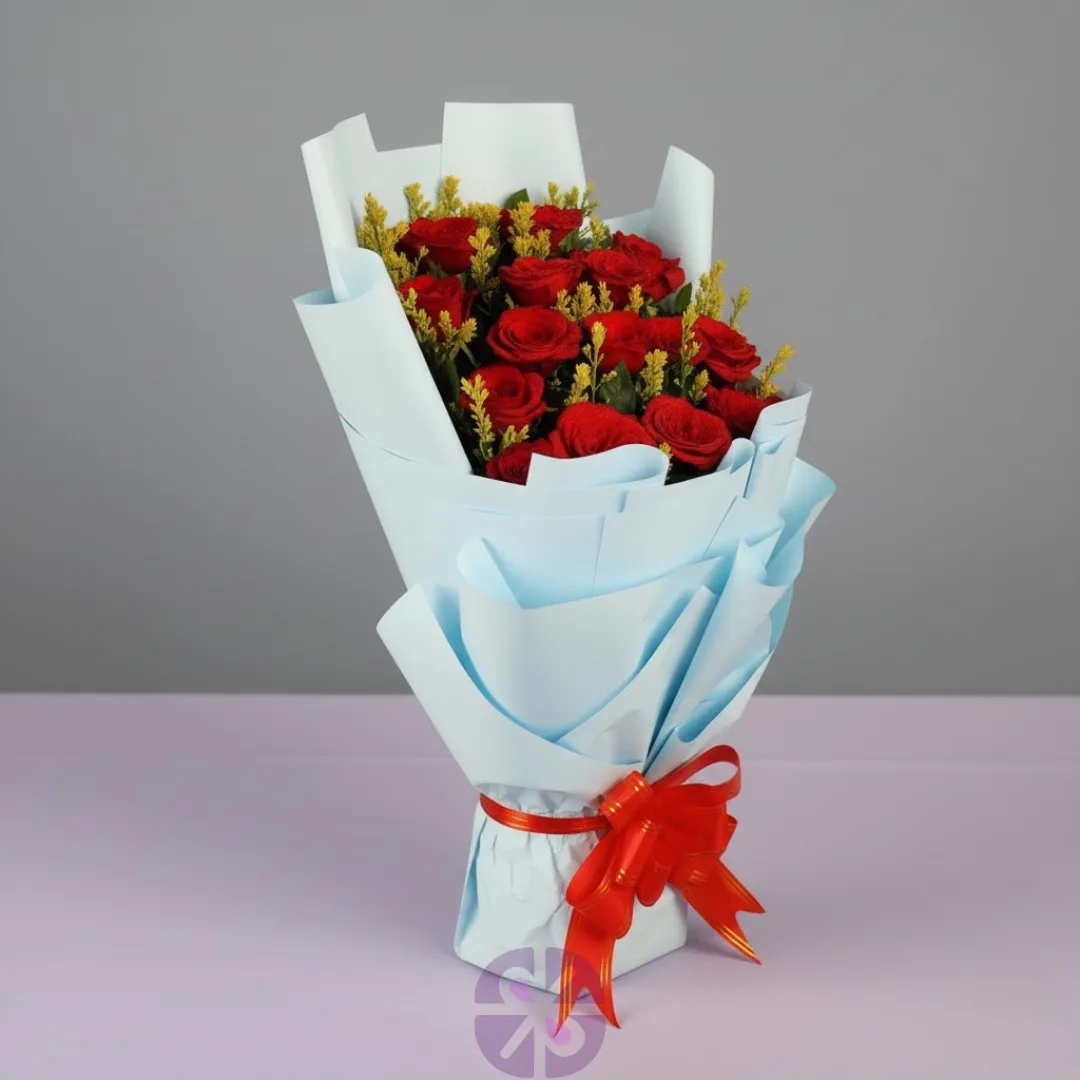 Majestic Red Roses & Golden Accents Stand Bouquet (Sky Blue Wrap)