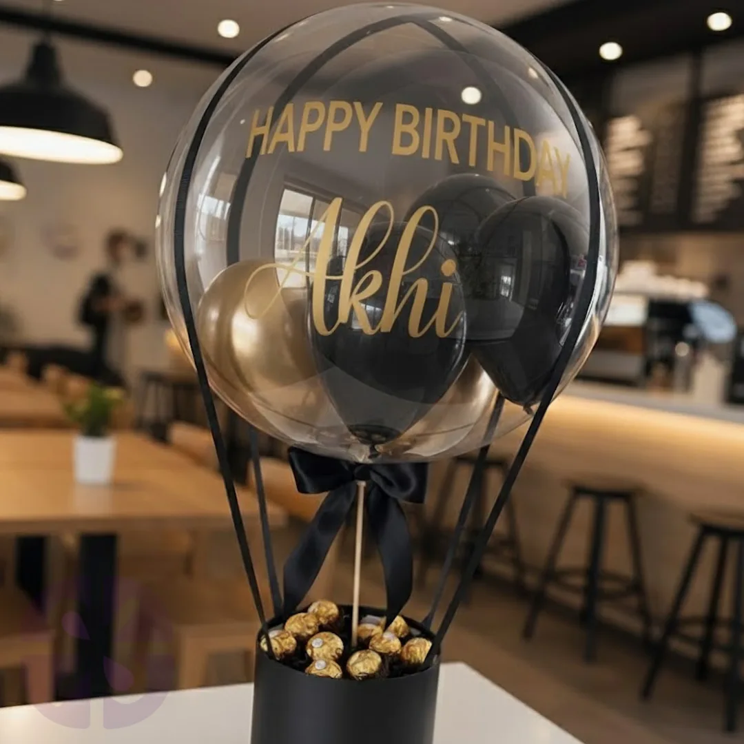 Black & Gold Mix Air Balloon Bouquet with Ferrero Rocher Chocolates