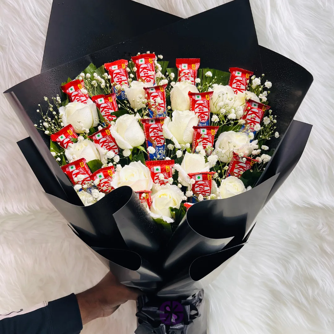 20 KitKat and White Rose Hand Bouquet in Black Wrap