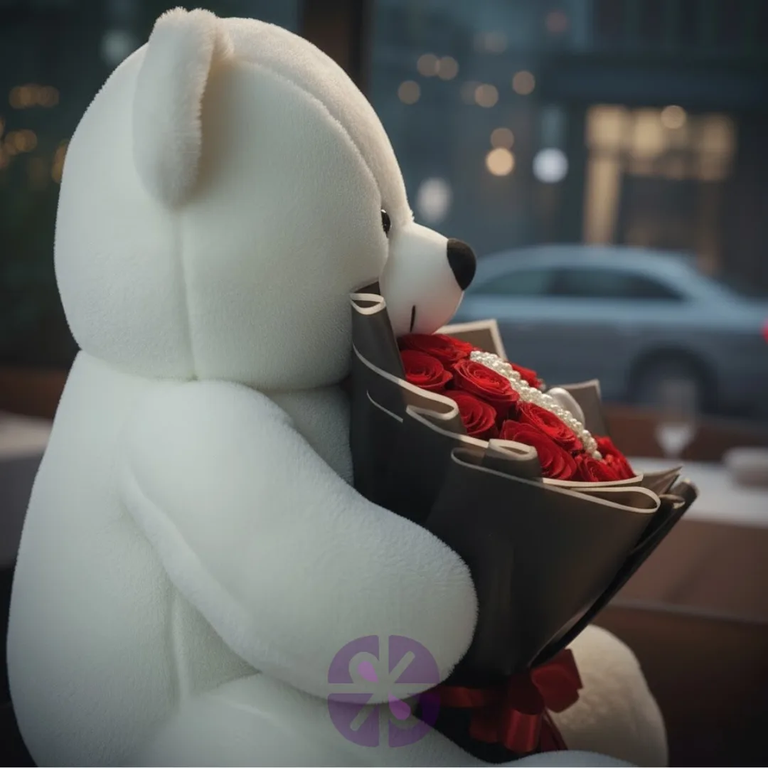 Large White Teddy with Premium Red Rose Bouquet