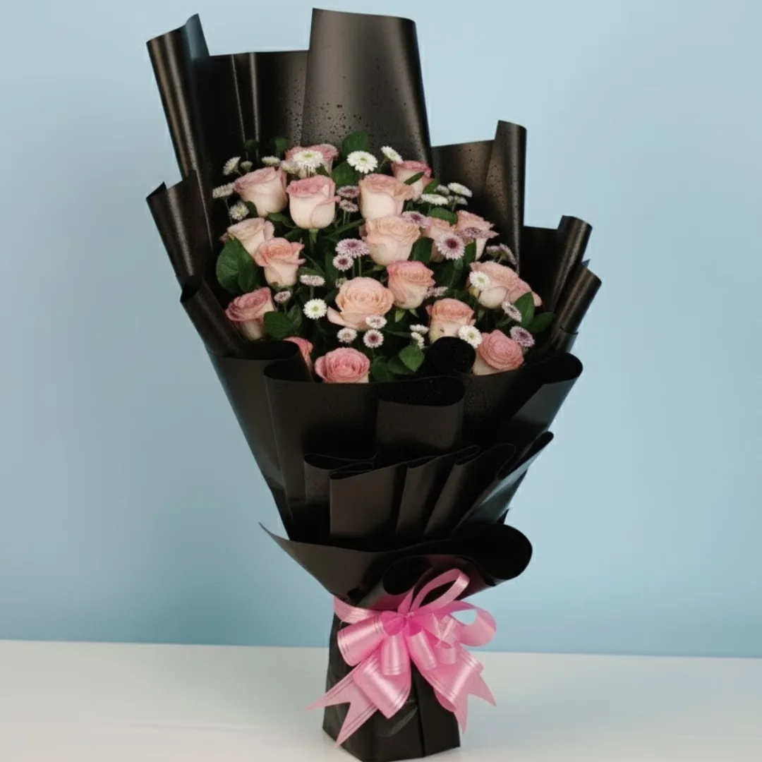 Pink Roses & Chrysanthemum Bouquet in Black Wrap