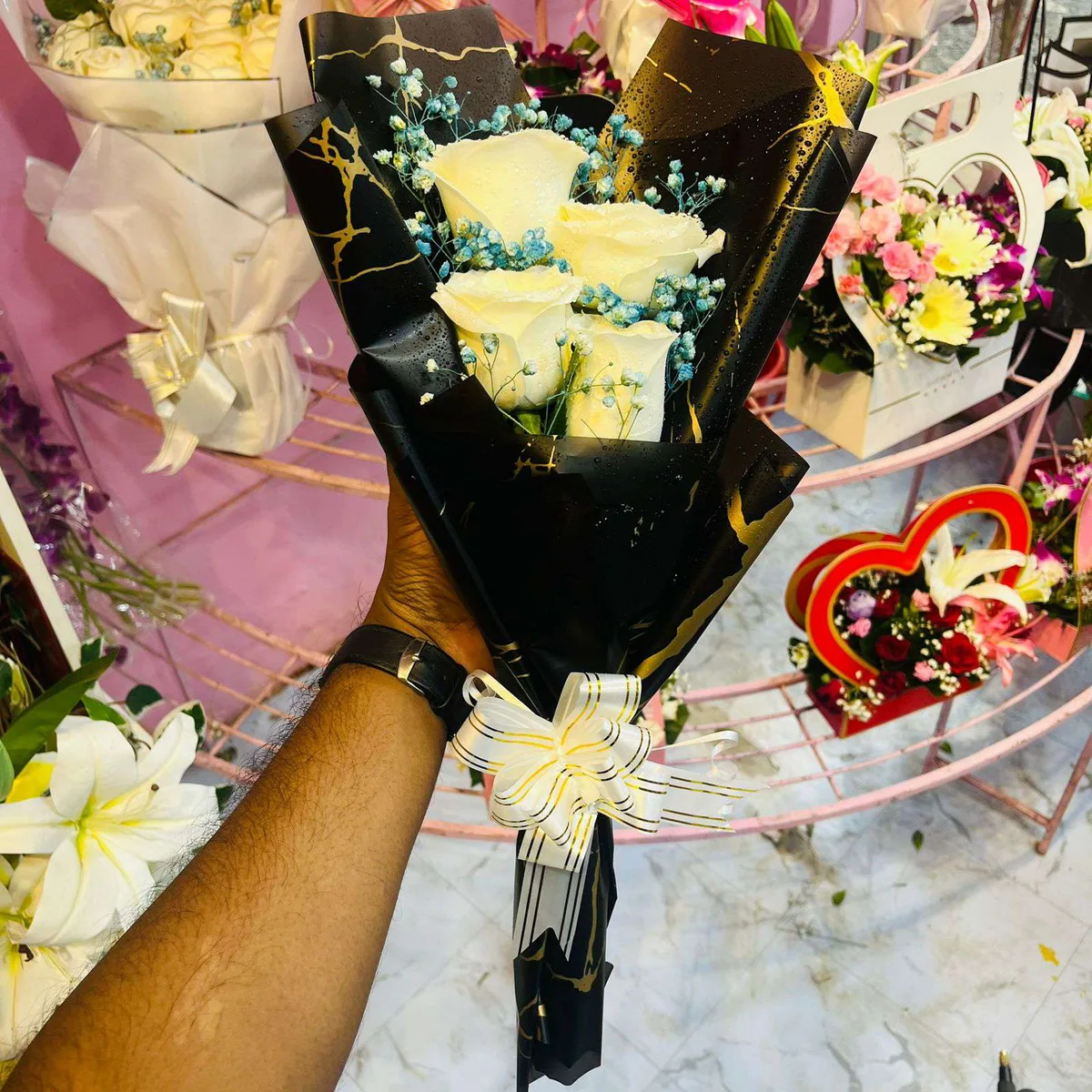 A Pure Love White Roses in Black & Gold Wrap Bouquet