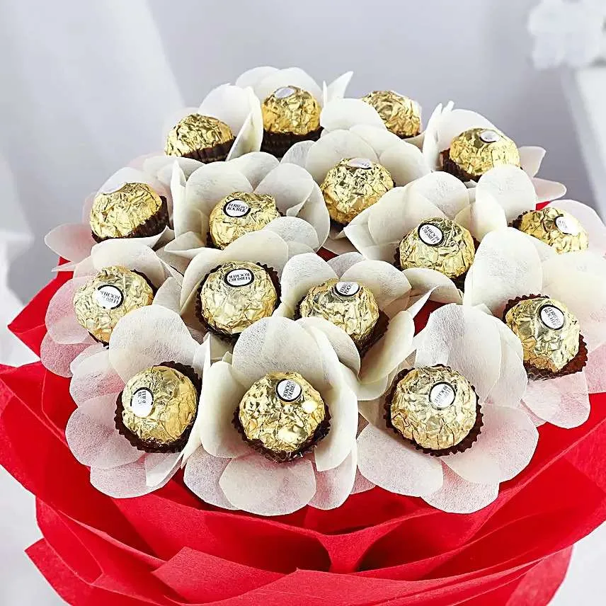 Elegant Ferrero Rocher Chocolate Bouquet in Red & White Wrap