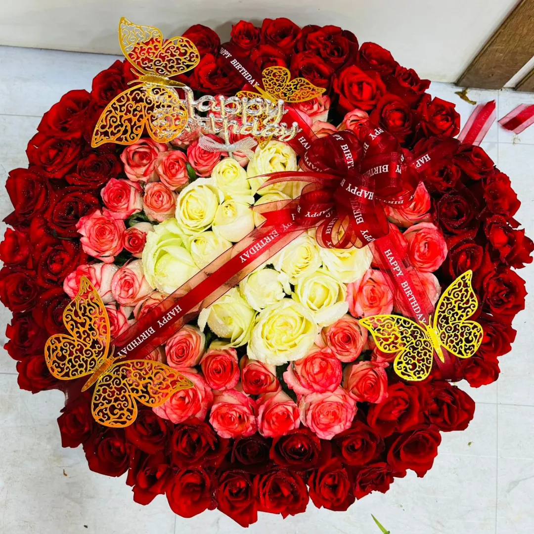 Premium Red, Shade Pink & White Rose Round Basket