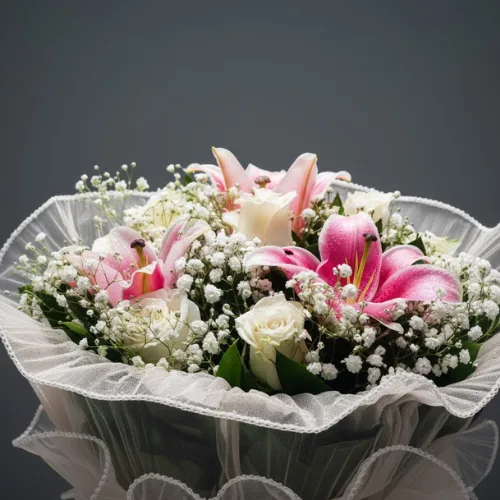 The Serene Luxury Bouquet: Pink Lily, White Rose & Baby's Breath