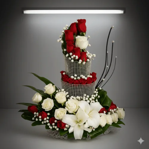 Elegant Red & White Flower Basket Arrangement – Luxury Gift Bouquet