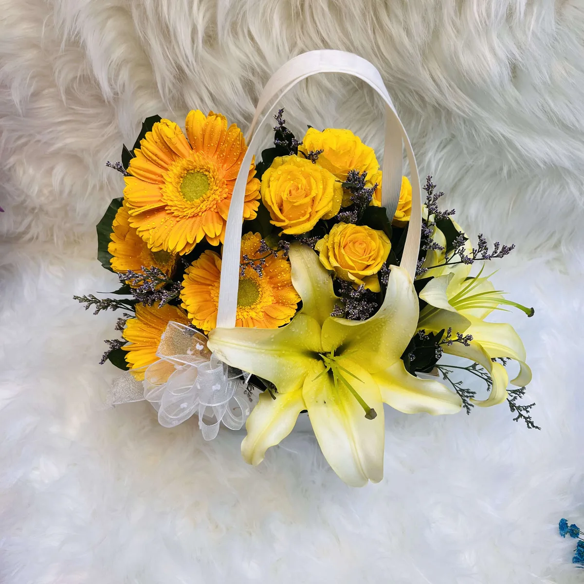 Yellow Harmony Lily, Gerbera & Rose Hexagonal Gift Bag