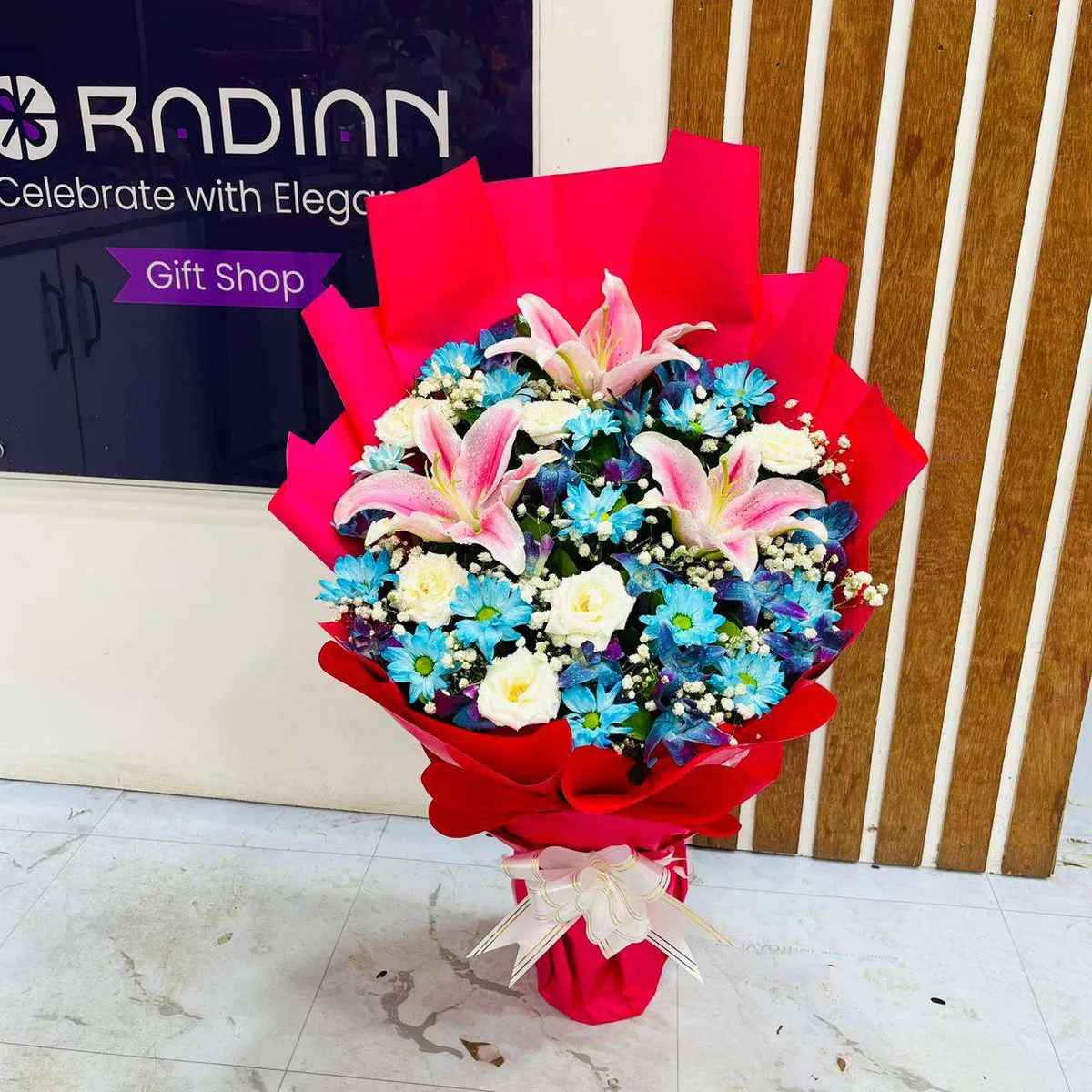 Regal Blue & Pink Mixed Stand Bouquet