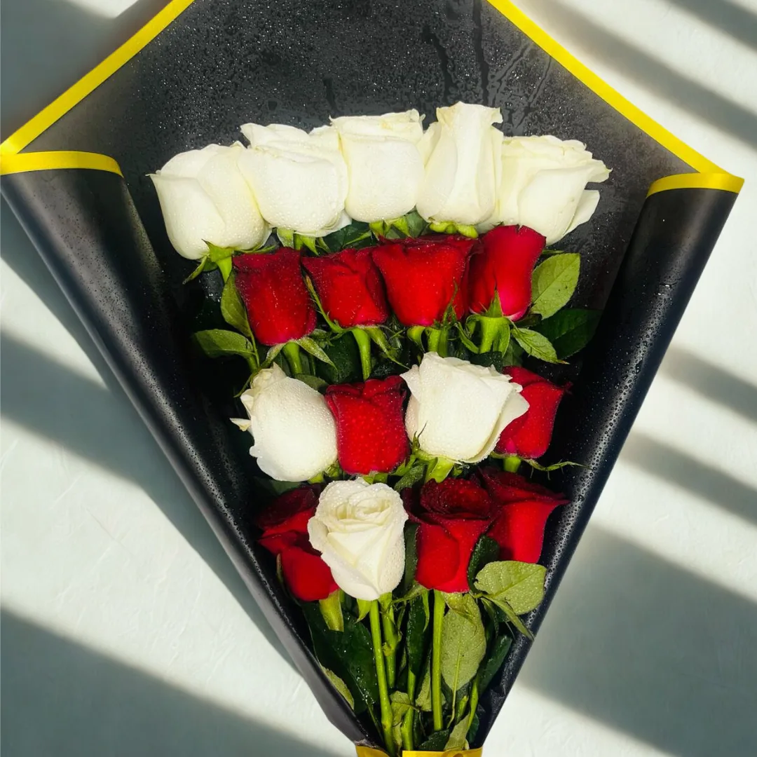 Elegant Red & White Rose Bouquet with Black Wrap