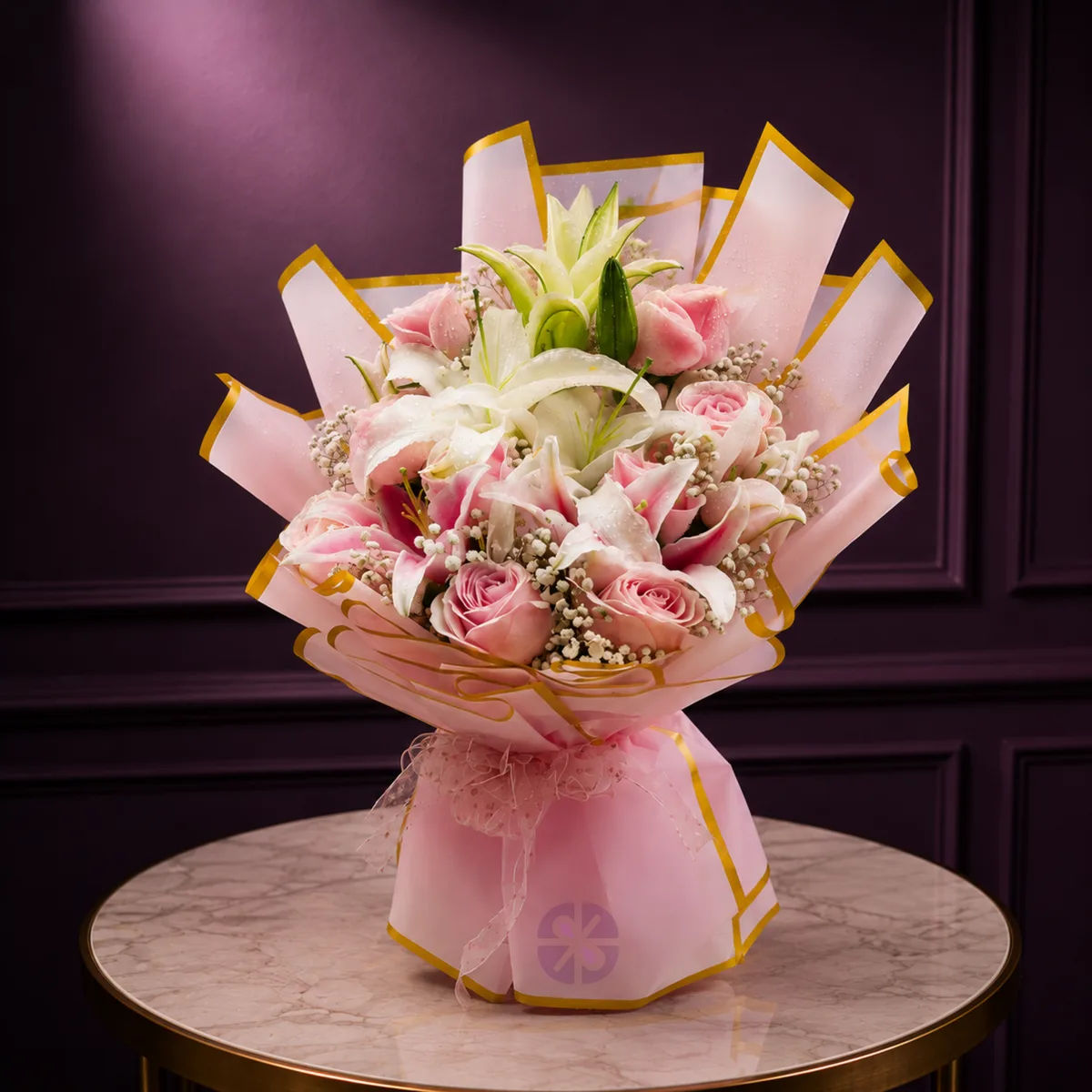 Premium Pink & White Lily with Pink Rose Stand Bouquet