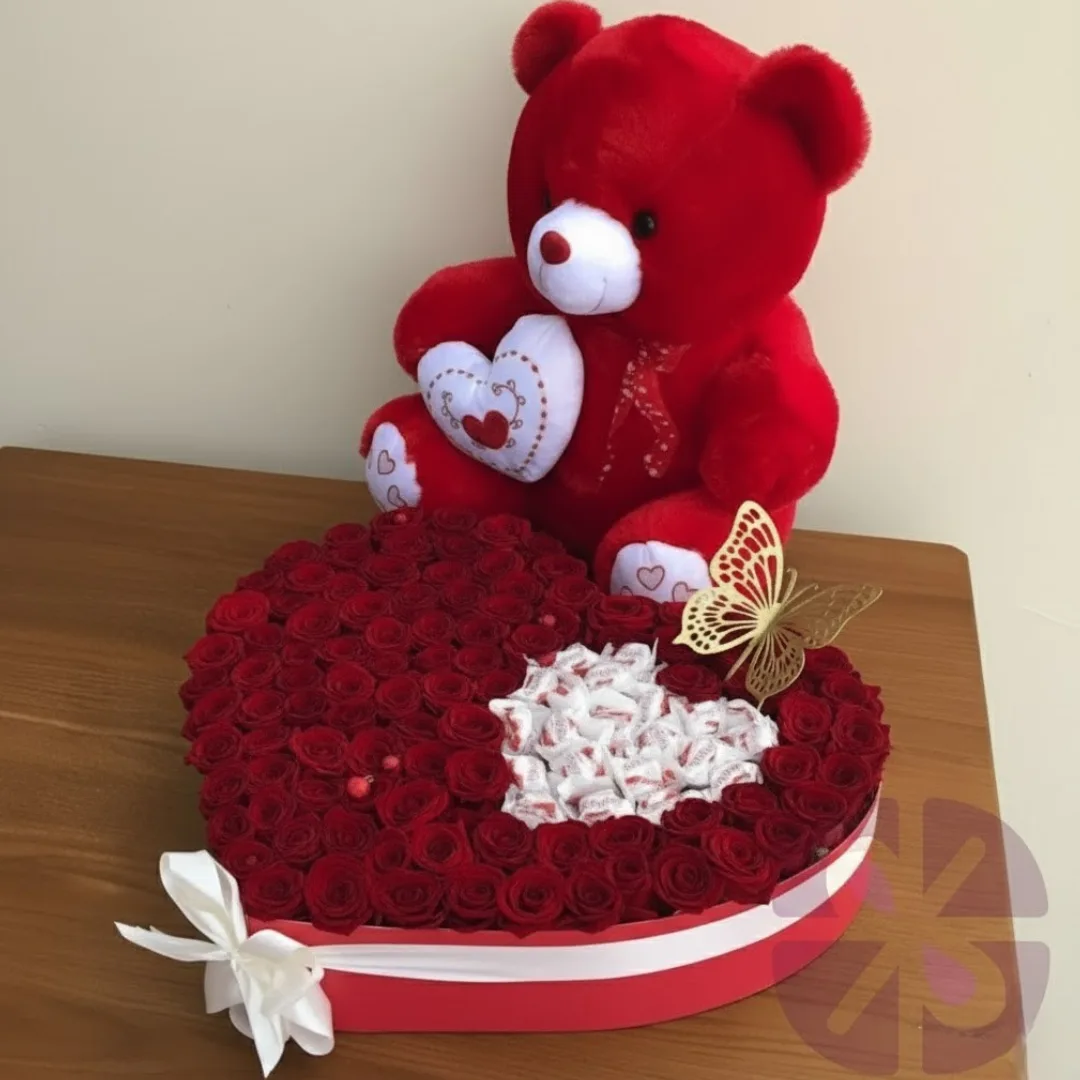 Luxury Love Teddy Bear & Premium 100 Red Roses Heart Box