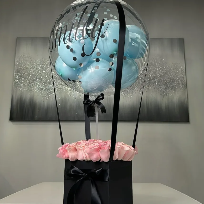 Custom Balloon Gift Box with Pink Roses & Blue Confetti Balloons