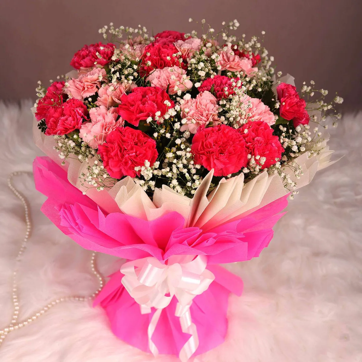 Elegant Pink Carnation Bouquet – Wrapped in White & Hot Pink Paper with Satin Bow