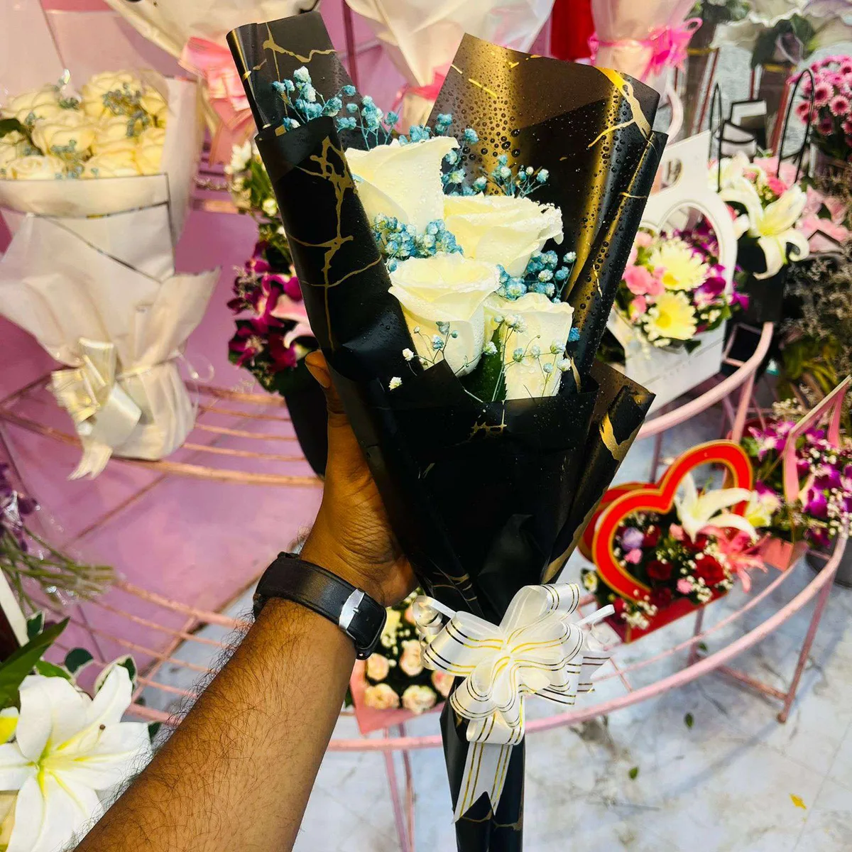 A Pure Love White Roses in Black & Gold Wrap Bouquet