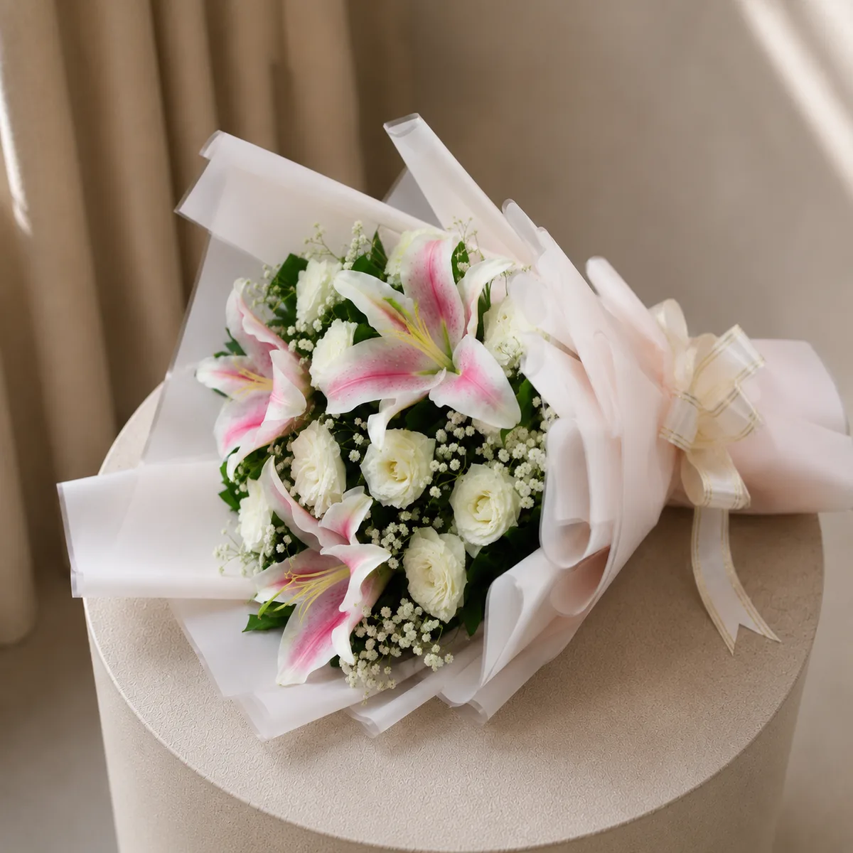 The Elegant Contrast Pink Lily & White Rose Harmony Bouquet